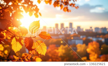 Autumn scenery with a distant cityscape in the background - Autumn leaves 130225621