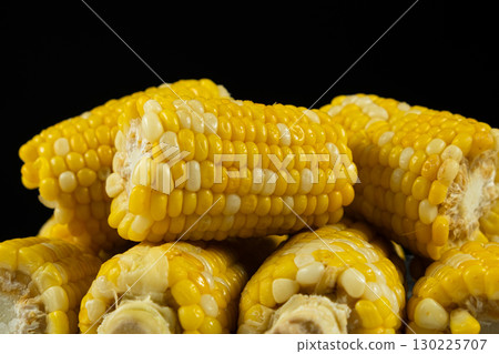 Fresh Hot Boiled Corn Cob on Black Background Fresh Hot Boiled Corn Cob on Black Background 130225707