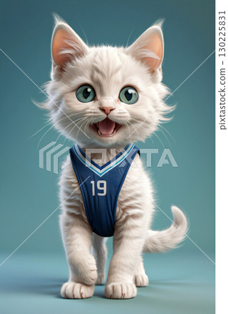 Cartoon kitten character dressed in fitness hoodie and shorts 130225831