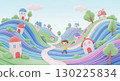 兒童插畫：色彩繽紛的山丘上有一個可愛的小鎮 130225834
