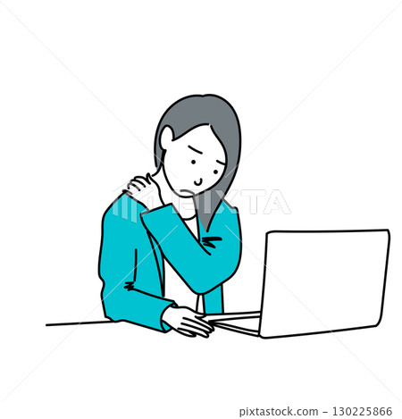 圖庫插圖: 一名婦女在辦公桌前工作時感到肩膀僵硬的向量線條畫 圖庫插圖: 一名婦女在辦公桌前工作時感到肩膀僵硬的向量線條畫 130225866