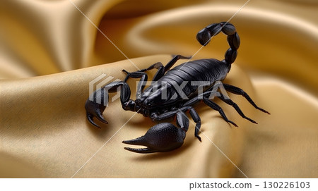 black scorpion on golden silk cloth in a high-detail shot 130226103