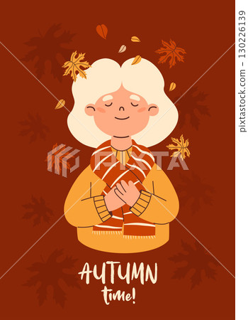 Autumn Elderly Woman in sweater and scarf with falling maple leaves. Female Fall Portrait Mature Blonde. Vector flat illustration. Perfect for poster, banner, card, seasonal design. Not AI 130226139