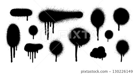 Graffiti spray splatter in grunge drip stencil and black ink style. Urban tag paint with messy blob texture for bold compositions. Great for street art or alternative poster design 130226149