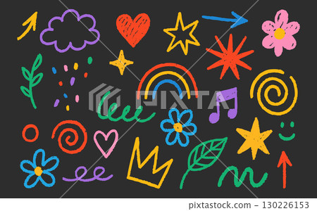 Kindergarten chalk element. Crayon scribble rainbow icon and sunshine elements with heart, question and arrow. Cloud swirl and flower accents for kid-friendly design or school themes. Perfect for fun 130226153