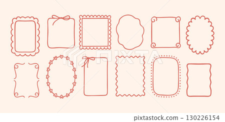 Border scalloped frame with curly wavy and oval ribbon elements in blush tones. Dot bow square sketch with delicate design for soft layout. Perfect for girly tags or note templates 130226154
