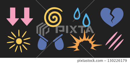 Y2k icon emotion comic visual mood drop heart sun burst anger work for cartoons and comics. Use for dramatic expression or animated storytelling. Great for colorful designs and blogs. 130226179