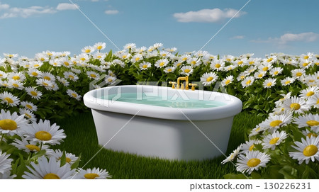 Outdoor bathtub surrounded by a field of daisies offers a tranquil escape. 130226231