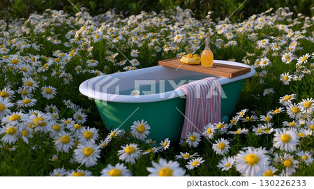 Rustic outdoor bathtub amidst a field of daisies 130226233