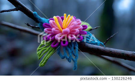 Vibrant yarn flower bloom in natural forest setting 130226246