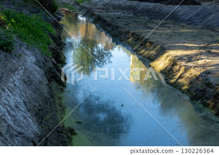 Clear water runs through a small canal, mirroring green trees and nearby structures under bright sunlight during the afternoon Clear water runs through a small canal, mirroring green trees and nearby structures under bright sunlight during the afternoon 130226364