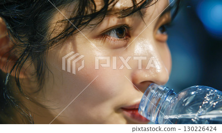 Close-up shot of a woman drinking water outdoors in summer | Refreshing expression and natural light 130226424