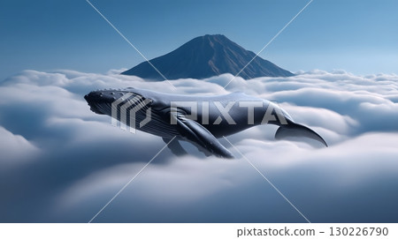 Whale gliding through celestial clouds above distant mountain 130226790