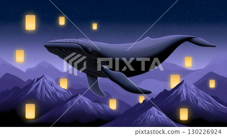 Majestic whale soaring over mystical mountain landscape with glowing lanterns 130226924