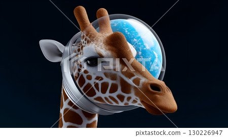 Giraffe explorer in a space helmet gazing at Earth 130226947