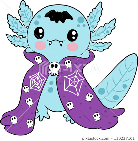 Cartoon axolotl wearing a vampire cape and small fangs Cartoon axolotl wearing a vampire cape and small fangs 130227101