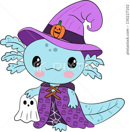 Cartoon axolotl, wizard and little ghost, Halloween 130227102