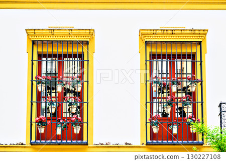 Typical white facades with flowers on the yellow-bordered balconies on the streets of Seville, Andalusia, Spain 130227108