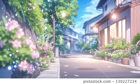 Charming anime streetscape with blooming flowers and traditional houses under a bright sky 130227234