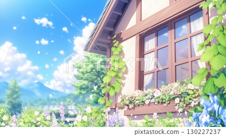 Idyllic Countryside Home with Blooming Window Box Under a Bright Sky 130227237
