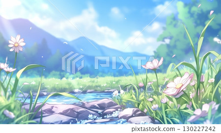 Serene Mountain Stream with Wildflowers on a Sunny Day 130227242