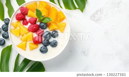 Refreshing tropical smoothie bowl topped with vibrant fruits, perfect for summer days by the beach 130227381