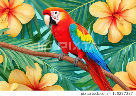 Tropical bird perched on a vibrant branch surrounded by colorful flowers in a bright and artistic setting Tropical bird perched on a vibrant branch surrounded by colorful flowers in a bright and artistic setting 130227387