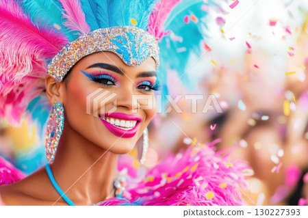 Vibrant performer dazzles at Brazil Carnival parade with bright costume and feathered headdress amidst colorful confetti 130227393