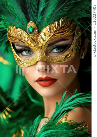 Vibrant Carnival performer captivates with her green feathered costume and golden mask during Brazilian festival celebrations 130227403