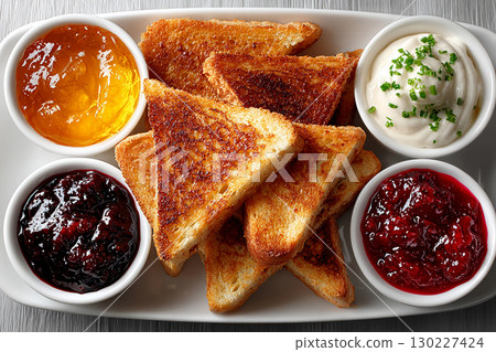 Moody lighting. American buffet breakfast. Hotel Breakfast Styles. Top view of a tray of pieces of toasted bread on a plate and assorted spreads in small bowls on a white background. 130227424