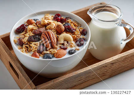 Minimalist breakfast. Top view of a tray of muesli in nuts on a bowl and milk jug on a white background. Classic breakfast. 130227427