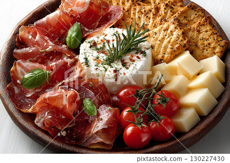 Plate with slices prosciutto, pieces of brie, cheddar with crackers and tomatoes. Easy meal prep. Classic Continental Breakfast. Hotel Breakfast Styles. Plate with slices prosciutto, pieces of brie, cheddar with crackers and tomatoes. Easy meal prep. Classic Continental Breakfast. Hotel Breakfast Styles. 130227430