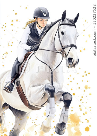 Elegant watercolor artwork depicting a gray horse in motion with a female rider dressed in classic dressage gear against a soft splattered background 130227528
