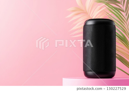 Sleek black wireless speaker positioned on a pastel pink surface with soft studio lighting and plant accents for a modern aesthetic 130227529