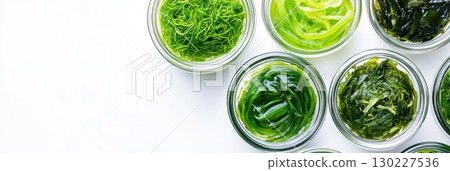 Vibrant seaweed in glass bowls showcasing natural textures for healthy lifestyle and detox inspiration 130227536