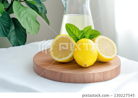 Fresh lemons and mint leaves on a wooden cutting board with lemon water in a minimalistic kitchen setting 130227545