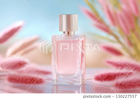 Elegant perfume bottle displayed with pink flowers on glass table 130227557