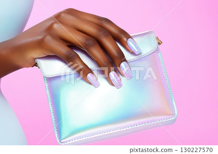 Beautifully manicured nails painted in vibrant colors hold a stylish translucent clutch bag with holographic reflections against a pastel background 130227570