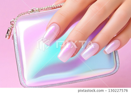 Model showcases vibrant nail art in pastel hues while holding a shimmering clutch bag against a soft pink backdrop 130227576