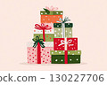 Pile of colorful wrapped Christmas gifts with ribbons and bows 130227706
