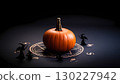 Witchy ritual black table with symbols and pumpkin, copy space. 130227942