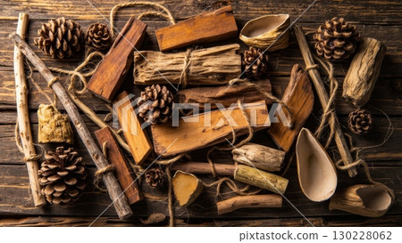Palo santo sticks, wood chips, pine cones and wooden spoons on rustic table creating a natural and aromatic display 130228062
