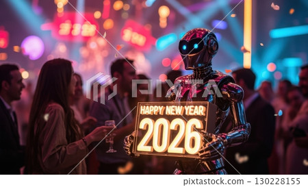 Robot wishing happy new year 2026 to people at party 130228155
