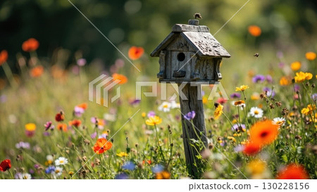 Birdhouse standing in colorful wildflower meadow with bees flying around 130228156