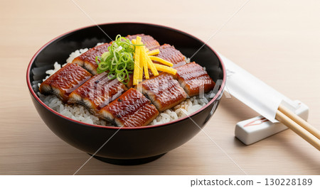 A Japanese Hitsumabushi Bowl with Sliced Grilled Eel 130228189