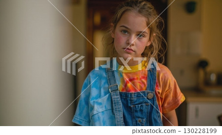 Portrait of serious young girl wearing tie dye shirt and denim overalls indoors 130228199