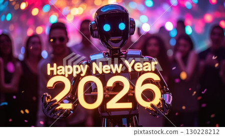 Robot wishing happy new year 2026 to partying people 130228212