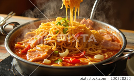 Steaming hot budae jjigae with noodles, sausage, and vegetables 130228233