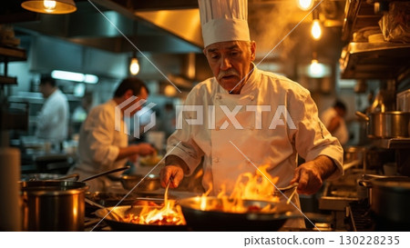 Experienced chef cooking with fire in a busy restaurant kitchen Experienced chef cooking with fire in a busy restaurant kitchen 130228235