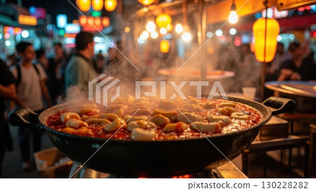 Street food vendor preparing steaming hot meal in wok at night market 130228282